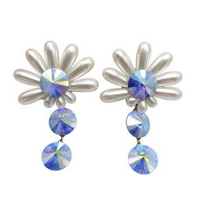 Vintage Faux Pearl Blue Iridescent Crystal Clip-On Dangle Earrings